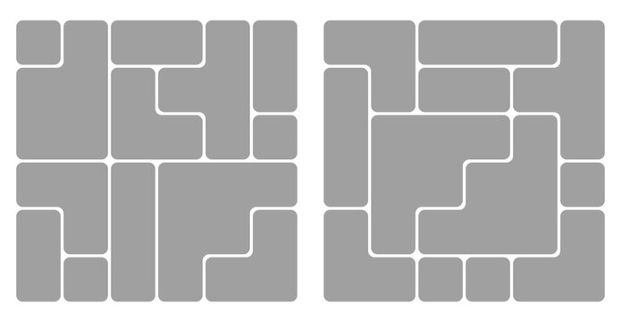 Bento grid abstract layouts with geometric tiles and rounded corners. Modern modular UI design panels, trendy web interface templates, collage frames and infographics. Vector illustration.