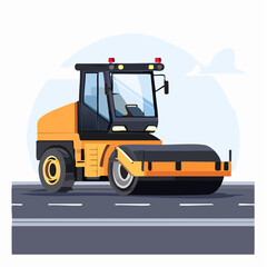 Fototapeta premium A vibrant yellow road roller compacting fresh asphalt on a new highway, a modern heavy machinery vehicle for construction and paving