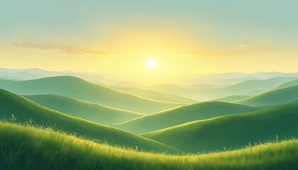 Golden sunrise illuminates vast green rolling hills creating tranquil landscape. Soft light bathes undulating terrain in warm hues. Peaceful nature scene with layers of misty mountains fading into