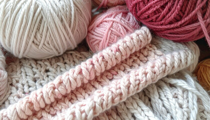 ピンクと白の淡い毛糸と編み物