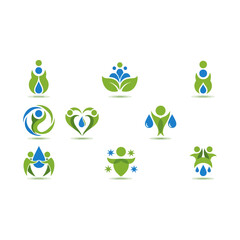 Collection of diverse human figures and water drop logos with green leaves symbolizing nature health and community unity
