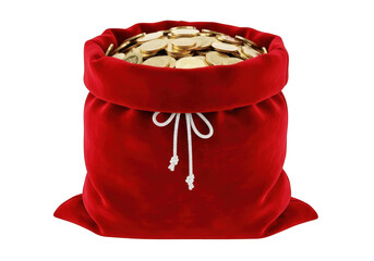 Red velvet santa claus sack overflowing with gold coins, isolated on transparent background