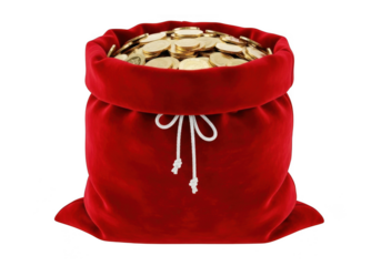 Red velvet santa claus sack overflowing with gold coins, isolated on transparent background