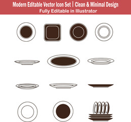 Minimal flat 2D vector plate icon set featuring round, square, oval, rimmed, deep and stacked designs