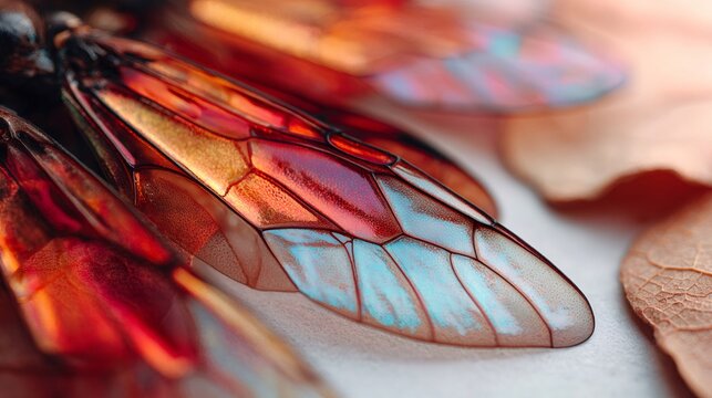 Iridescent insect wings showing intricate venation and vivid colors, reflecting light in a macro close up view