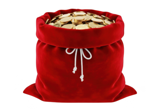 Red velvet santa claus sack overflowing with gold coins, isolated on transparent background