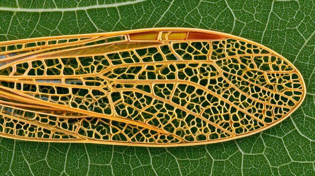 Golden dragonfly wing structure mimicking natural leaf veins, symbolizing nature's intricate design and organic beauty