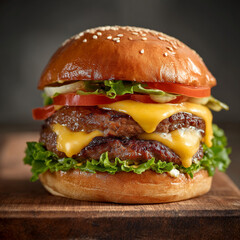 A gourmet double cheeseburger stacked high with juicy beef patties, melted cheddar cheese, fresh lettuce, and ripe tomatoes on a sesame seed bun