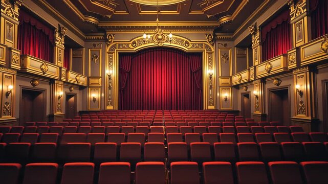 Empty classic theater hall with grand red velvet curtain and ornate golden decor under warm lights, cultural performance atmosphere