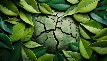 a vibrant green border of leaves surrounding a cracked earth center symbolizing nature s resilience and challenges