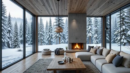 Modern living room with panoramic snowy forest view, soft seating and warm fireplace glow, cozy winter retreat concept