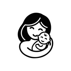 Stylized Black and White Icon of a Mother Gently Holding Her Newborn Baby Close in a Loving Embrace, Motherhood and Family Symbol