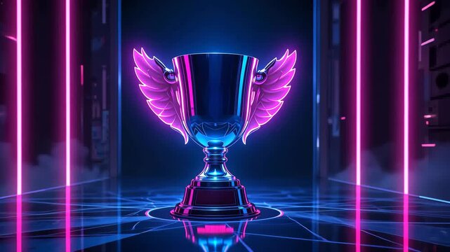 Neon trophy with glowing pink wings on dark futuristic background, achievement celebration concept