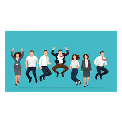 Group of Diverse Business People Jumping Joyfully Against a Teal Background Celebrating Success and Teamwork
