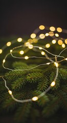 Warm Glowing String Lights on a Dark Green Christmas Tree Branch.