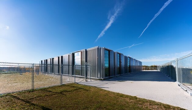 exterior view of a secure data center featuring sleek architecture surrounded by fencing and open space under a bright blue sky