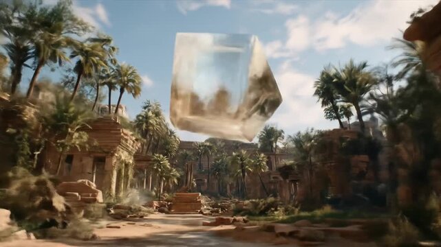 Floating cube with reflective surfaces above ancient architectural ruins