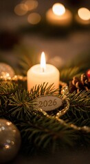 Warm glowing candle in festive Christmas wreath with 2026 tag and bokeh lights.