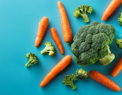 broccoli and carrot scatter on blue backdrop