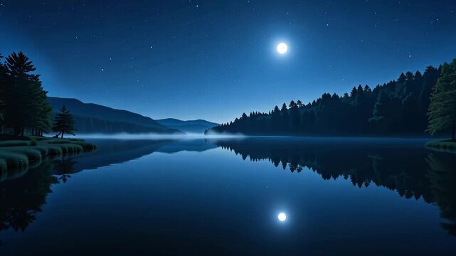 Moonlit lake with calm reflective water and silhouetted forested hills under clear night sky, peaceful serenity concept