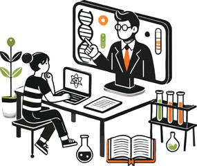 Student learning science online from teacher on screen with lab equipment
