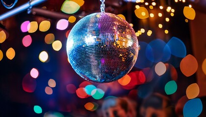 a disco ball hangs prominently reflecting colorful lights and creating a lively atmosphere filled with energy during an evening event