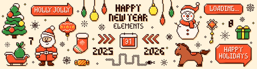 Fototapeta premium Pixel art New Year color set of elements. Decorated tree, a horse, a snowman and Santa Claus.