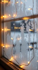 Warm lights on a frosty window pane in winter.