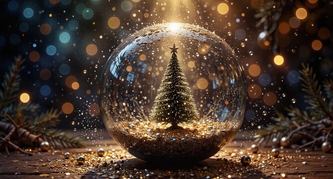 magical christmas snow globe with miniature evergreen tree and golden glitter on festive wooden surface.