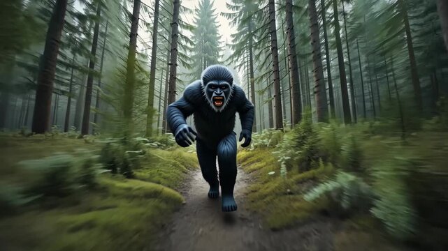 Gorilla running aggressively down a forest trail amid tall pines with dynamic forward motion, wild tension concept