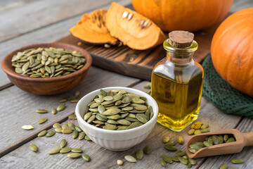 A bottle of healthy pumpkin seed oil with raw pumpkin seeds