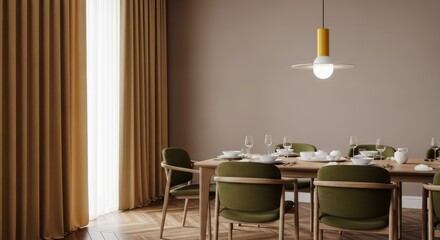 Elegant dining room set with a wooden table, green chairs, and place settings, bathed in warm light from a stylish pendant lamp