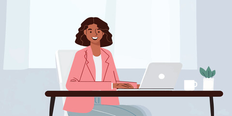 Illustration of a happy woman working at her desk with a laptop