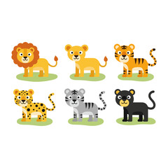 Set of Six Adorable Cartoon Big Cats Including Lion Tiger Leopard Panther Cub and Cheetah on Green Grass