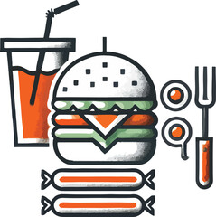 Stylized burger drink sausages fried eggs and fork illustration