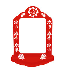 Mexican papel picado border design - decorated border with skull motifs and floral patterns. Traditional fiesta banner for Dia de los Muertos.