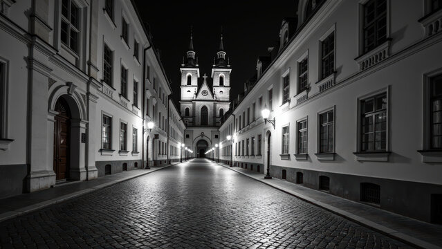 Fototapeta Serene night scene featuring cobblestone street flanked by historic buildings, illuminated by street lamps, leading to church with twin spires