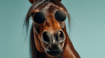 Brown horse wearing round sunglasses studio portrait image