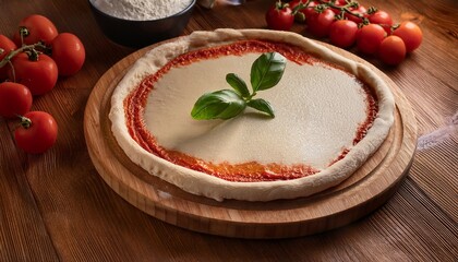 a round wooden pizza base rests on a rustic table accompanied by fresh tomatoes basil leaves and cheese inviting tasty preparation