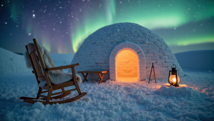 Cozy igloo illuminated by warm light, surrounded by snow and stunning display of northern lights in night sky. scene evokes tranquility and wonder