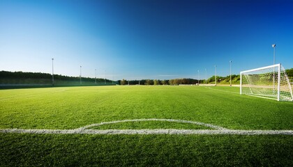 empty soccer field with goalpost on lush green grass under clear blue sky