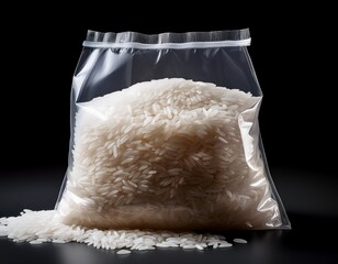 a transparent plastic bag filled with uncooked white rice perfect for culinary themes cooking concepts or grocery topics