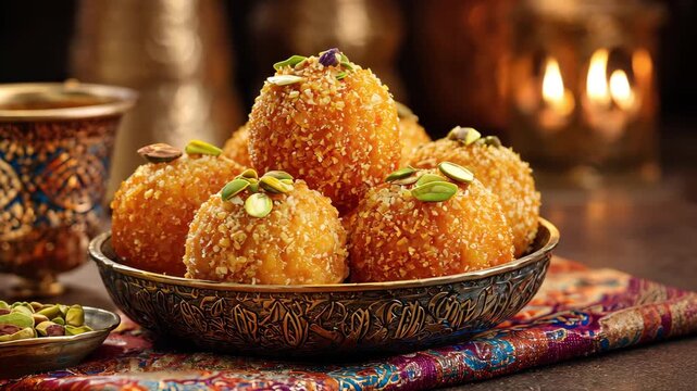 Delicious indian sweet laddu dessert garnished with nuts and rose petals, 4k video