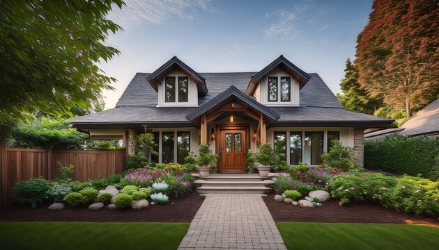 a charming house featuring an inviting entrance surrounded by lush greenery and a meticulously landscaped yard the vibrant plants enhance the welcoming atmosphere
