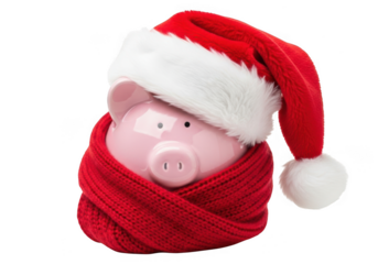 A pink piggy bank wearing a red santa hat and a red scarf, isolated on transparent background