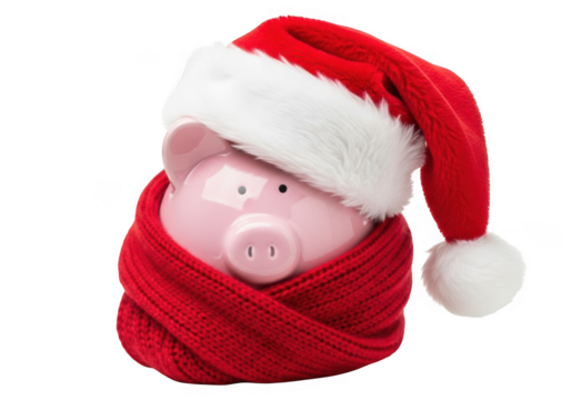 A pink piggy bank wearing a red santa hat and a red scarf, isolated on transparent background