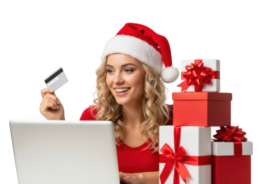 Woman in santa hat holding credit card and laptop with christmas gifts, isolated on transparent background