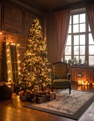 Cozy Christmas - Decorated Tree and Warm Ambiance in Elegant Room.