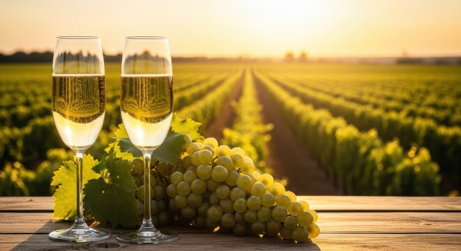Two glasses of champagne and grapes on a wooden table overlooking a vineyard at sunset