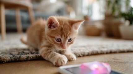 Curious kitten plays with colorful light on smartphone screen in cozy living room setting
